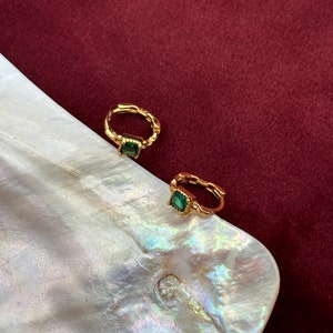 Dainty Silver Emerald Earrings, Green Stone Huggie Jewelry, Green Zircon Golden Hoop, 18K Gold Plated 925 Sterling Silver Jewellery