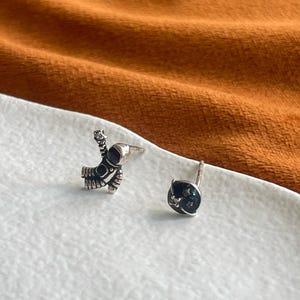 Astronaut & Planet Stud Earrings, Outer Space Galaxy Spaceman Studs, Cute Asymmetrical Animated Saturn Star Jewellery, Silver Enamel Jewelry