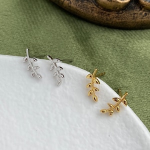 Minimalist Basic Leaf Stud Earrings, Daily Simple Cute Twig Branch Earrings Jewelry, Dainty 14K Gold Plated 925 Sterling Silver Jewellery