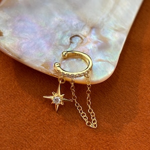 Dainty Golden North Star Ear Cuffs Jewelry, Gold Plated 925 Sterling Silver Star Chain Ear Cuff, Drop Star Non-Piercing Earrings Jewellery