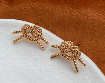 Golden Rope Knot Earrings Linen Cord Knot Stud Earrings Twist Knot Thick Plating 18K Gold Plated 925 Sterling Silver Jewelry Gift Daily Wear