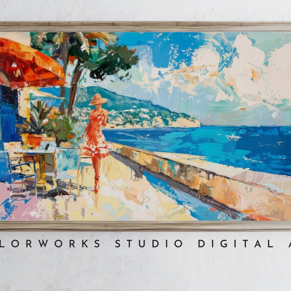 Samsung Frame TV Art | Beautiful Bright Coastal City Scene | Summer Impressionist Style Artwork | Mediterranean French Riviera Cote D'Azur