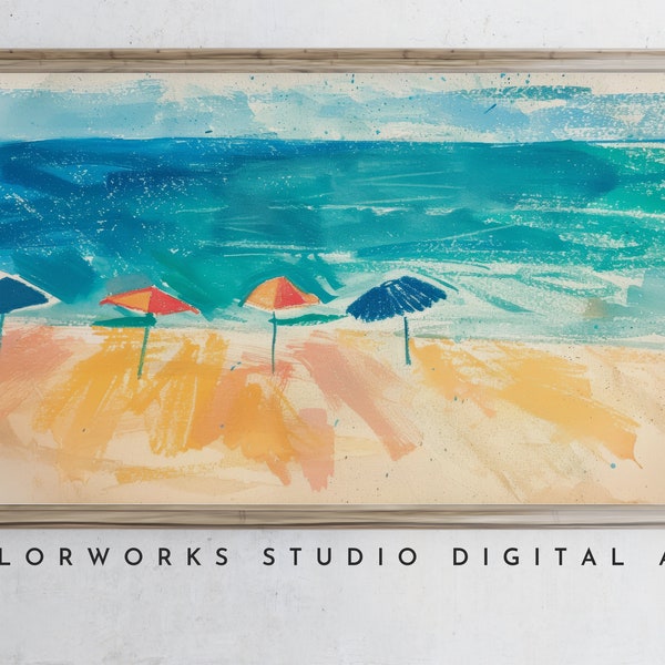 Samsung Frame TV Art | Bright Beach with Colorful Umbrellas | Summer Modernist, Minimalist Style Artwork | Sunny Day Bright Blue Water