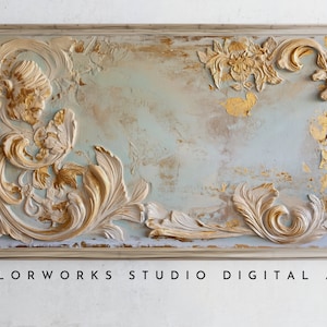 May include: A framed artwork with a textured, blue and gold background. The artwork features a raised, ornate design in the corners, with a floral motif on the right and a scroll-like design on the left. The artwork is signed "COLORWORKS STUDIO DIGITAL ART" at the bottom.