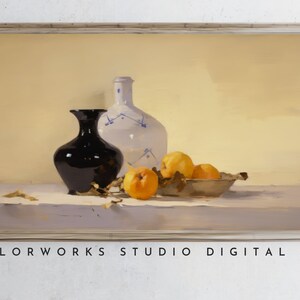 May include: A still life painting of a white and blue ceramic vase, a black ceramic vase, and a bowl of yellow apples on a white table. The background is a light yellow.