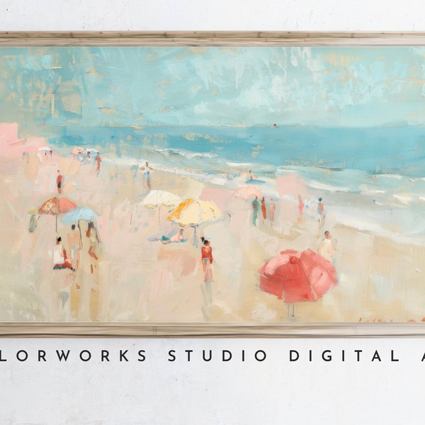 Samsung Frame TV Art - Sunny Beach with Colorful Umbrellas, Modern Contemporary Artwork for Summer, Instant Digital Download