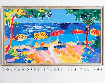 Samsung Frame TV Art - Vibrant Sunny Beach with Colorful Umbrellas, Modern Contemporary Artwork for Summer, Instant Digital Download