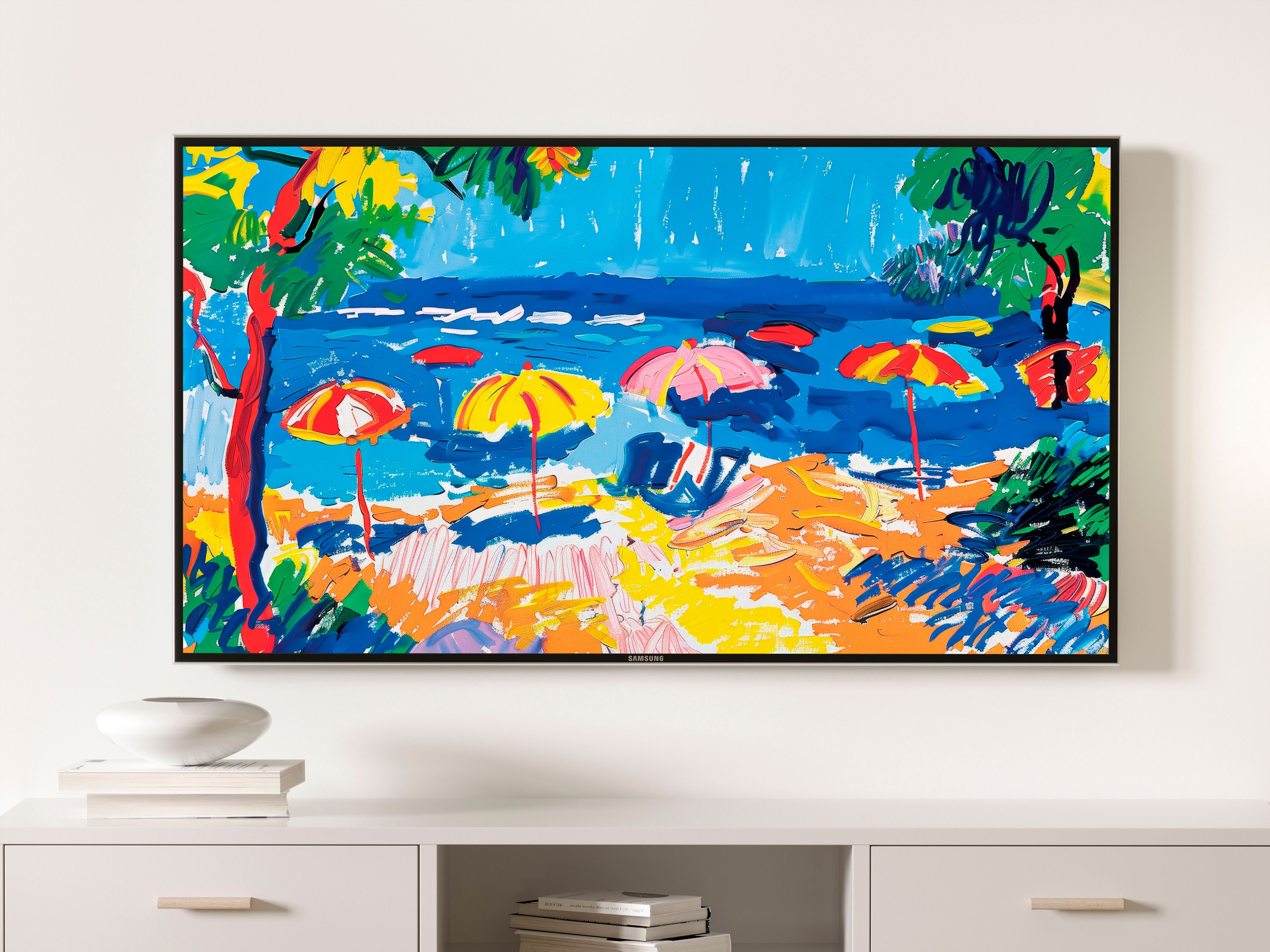 Samsung Frame TV Art | Bright Beach With Colorful Umbrellas