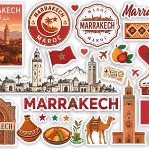 May include: A collection of stickers and illustrations featuring the city of Marrakech, Morocco. The designs include the city's skyline, a Moroccan flag, a camel, and the text "Marrakech" in English and Arabic. Other elements include a passport, a camera, and a heart.