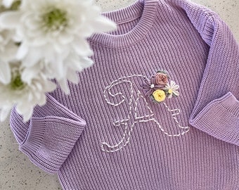 Baby or Toddler Customized Single Stitich Floral Initial Sweater