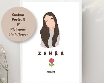 Custom Portrait Kids Wall Art, Birth Month Flower Detailed Poster, Digital Gifts