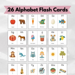 Printable Alphabet Flash Cards for Baby, My First Word, 26 Alphabet Cards, Montessori Education, Modern Words and Picture
