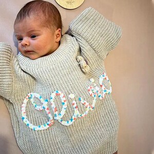 Personalized Hand embroidered Name Baby Sweater, Custom Baby Name Sweater, Pink Baby Girls Sweater With Name, Birthday Gift For Babies image 1