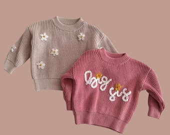 Custom Hand Embroidered Baby Name Sweater, Personalized New Baby Comforts Colors Knitted Sweater, Baby Girls Sweater with Name Birthday Gift