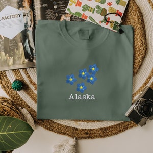 Embroidered Alaska Flower Tshirt, Floral Comfort Color Crewneck Shirt, Couple Matching Long Distance Tee, 1st Year Anniversary Gift for Wife image 1