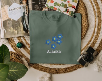 Embroidered Alaska Flower Tshirt, Floral Comfort Color Crewneck Shirt, Couple Matching Long Distance Tee, 1st Year Anniversary Gift for Wife