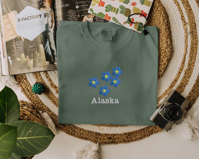 Embroidered Alaska Flower Tshirt, Floral Comfort Color Crewneck Shirt, Couple Matching Long Distance Tee, 1st Year Anniversary Gift for Wife image 1