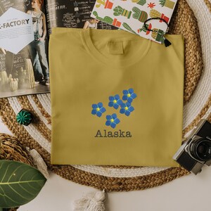 Embroidered Alaska Flower Tshirt, Floral Comfort Color Crewneck Shirt, Couple Matching Long Distance Tee, 1st Year Anniversary Gift for Wife image 3