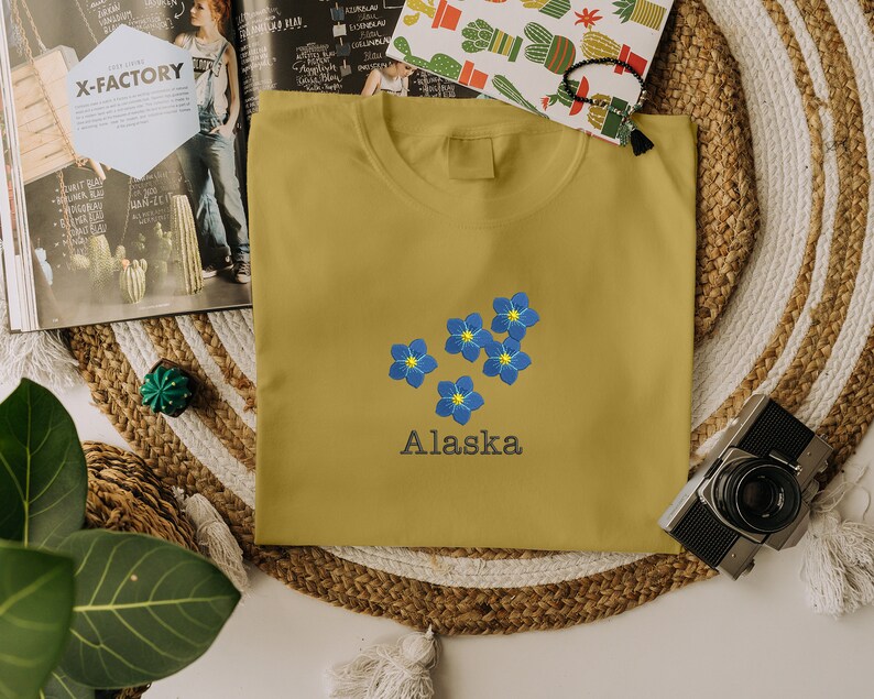 Embroidered Alaska Flower Tshirt, Floral Comfort Color Crewneck Shirt, Couple Matching Long Distance Tee, 1st Year Anniversary Gift for Wife image 3