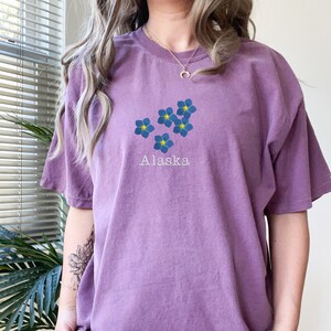 Embroidered Alaska Flower Tshirt, Floral Comfort Color Crewneck Shirt, Couple Matching Long Distance Tee, 1st Year Anniversary Gift for Wife image 5