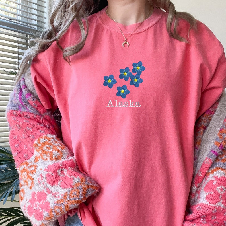 Embroidered Alaska Flower Tshirt, Floral Comfort Color Crewneck Shirt, Couple Matching Long Distance Tee, 1st Year Anniversary Gift for Wife image 2