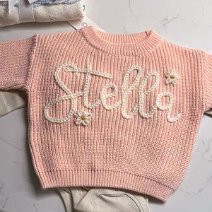 Personalized Hand embroidered Name Baby Sweater, Custom Baby Name Sweater, Pink Baby Girls Sweater With Name, Birthday Gift For Babies image 5