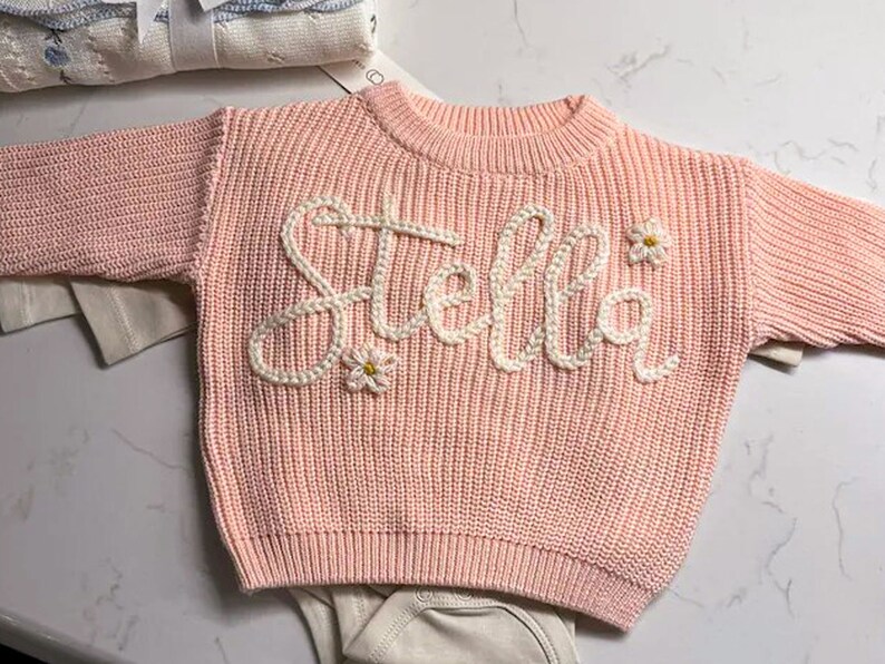 Personalized Hand embroidered Name Baby Sweater, Custom Baby Name Sweater, Pink Baby Girls Sweater With Name, Birthday Gift For Babies image 5