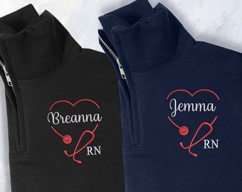 Personalized Quarter Zip Rn Sweatshirt, Embroidered Custom Name Nurse Sweater, New Nurse Medical Gift, Stethoscope Heart Jumper Gift for Her