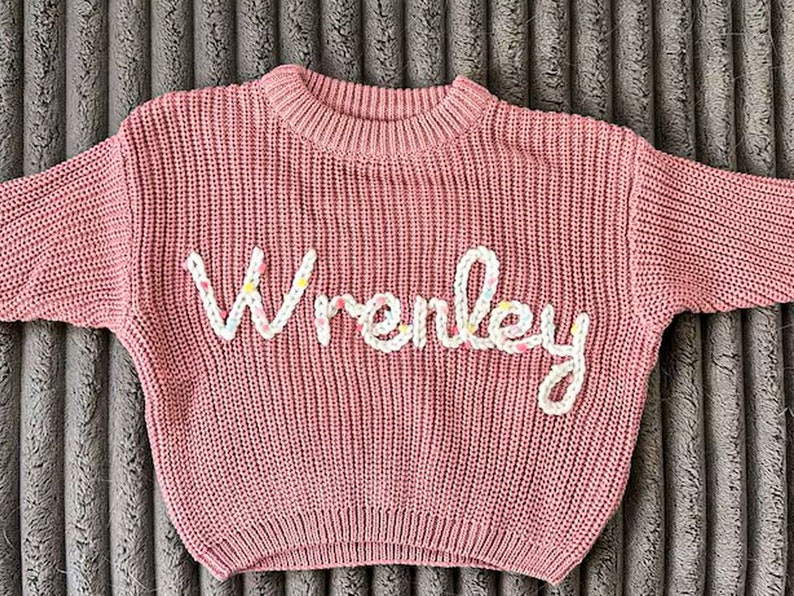 Personalized Hand embroidered Name Baby Sweater, Custom Baby Name Sweater, Pink Baby Girls Sweater With Name, Birthday Gift For Babies image 4