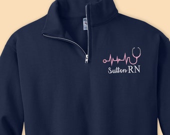 Custom Embroidered RN Nurse Sweater, Personalized Quarter Zip Name Jumper, Stethoscope Monogrammed New Nurse Outfits, Heartbeat Nurse Gifts