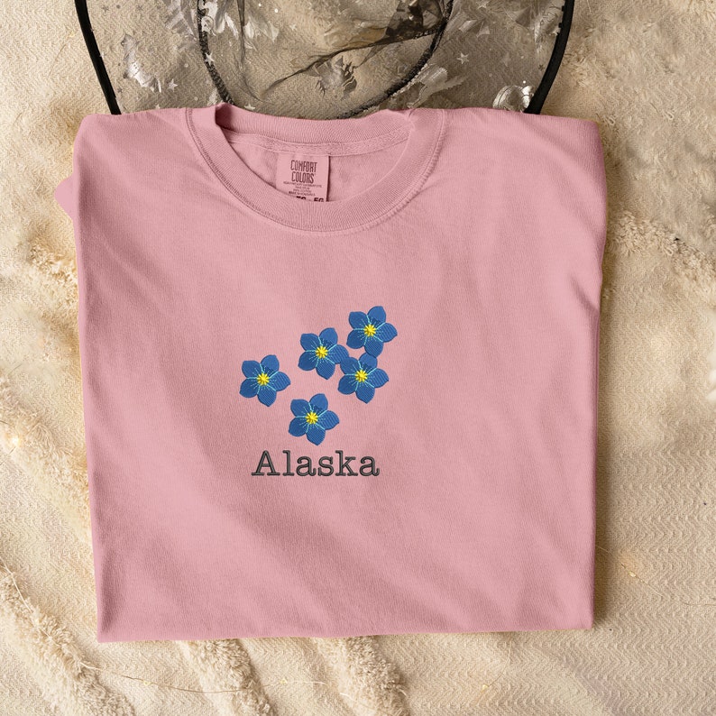 Embroidered Alaska Flower Tshirt, Floral Comfort Color Crewneck Shirt, Couple Matching Long Distance Tee, 1st Year Anniversary Gift for Wife image 6