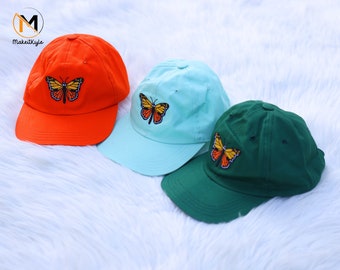 Geborduurd paar bijpassende vlinderkappen, zomercamping honkbalhoeden, natuurliefhebber cadeau voor vriend, schattige 6 paneel vintage snapbacks