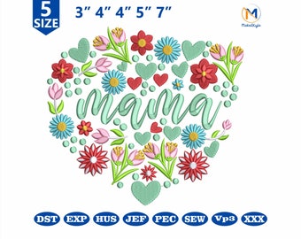 Mama Embroidery Files, Mothers Day Machine Embroidery Designs, Aesthetic Floral Heart Digital Pattern, Pes Dst Exp Files, Instant Download