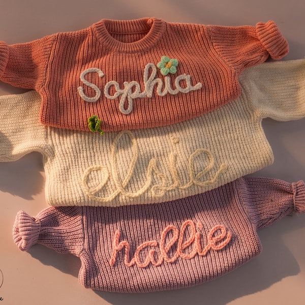 Hand Embroidered Custom Baby Sweatshirt, Personalized New Baby Name Sweater, Cute Knitted Comfort Colors Sweater, Special New Born Baby Gift