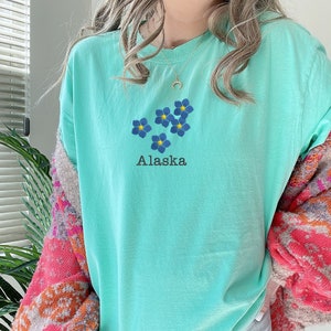 Embroidered Alaska Flower Tshirt, Floral Comfort Color Crewneck Shirt, Couple Matching Long Distance Tee, 1st Year Anniversary Gift for Wife image 8