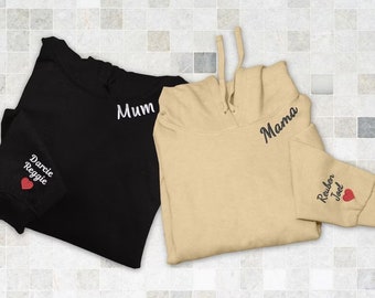 Embroidered Mama Hoodie, Personalized Kids Name With Heart On Sleeve Sweater, Matching Pullover Mom Hoody, Special Mothers Day Gift for her