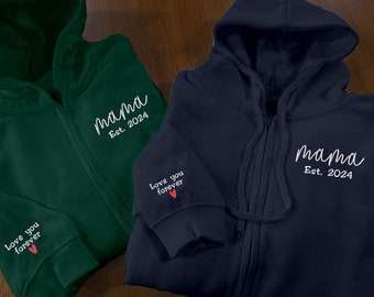 Embroidered Mama Est Date Zip Up Hoodie, Custom Name on Sleeves With Heart Sign, Personalized Mother's Day Outfit, Special Gift for Grandma