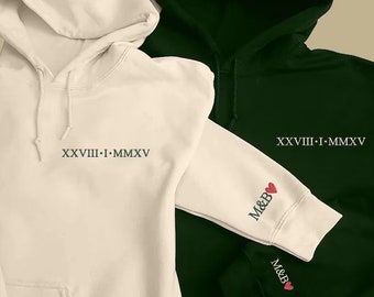 Roman Numeral Embroidered Hoodie, Personalized Heart Initial Pullover Hoody, Custom Anniversary Date Matching Couple Jumper, Engagement Gift