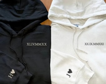 Embroidered Matching Couple Hoodie, Custom Roman Numeral Date Sweatshirt, Personalized Heart Initial On Sleeve Jumper, Wife Anniversary Gift