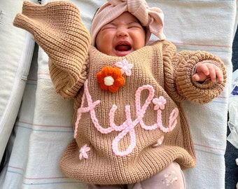 Personalized Baby Sweater, Custom Name Sweater, Embroidery Name Sweater, Newborn Girl Coming Home Outfit, Custom Knitted Gifts for Babies