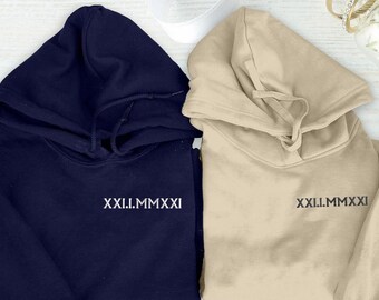 Custom Roman Numeral Hoodie, Personalized Embroidered Date With Heart Initial Sweatshirt, One Year Anniversary Couple Jumper, Gift For Her