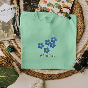 Embroidered Alaska Flower Tshirt, Floral Comfort Color Crewneck Shirt, Couple Matching Long Distance Tee, 1st Year Anniversary Gift for Wife image 7