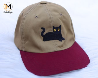 Geborduurde zwarte kattenpet, bijpassende schattige kattenzomerhoeden, laag profiel katoenen honkbalpet, Easyfit verstelbare camping snapback hoeden