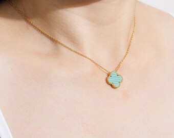 18K Gold Plated Necklace | High Quality | Four Leaf Clover | Single Clover | Mother Of Pearl | Non Tarnish | Double Sided Pendant