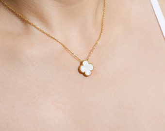 18K Gold Plated Necklace | Four Leaf Clover | High Quality | Single Clover | Mother Of Pearl | Non Tarnish | Double Sided Pendant