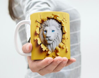 White 3D lion with blue eyes a Wall Mug Wrap,11oz & 15oz Mug Template,Mug Sublimation Design,Mug Wrap Template, Instant Digital Download PNG