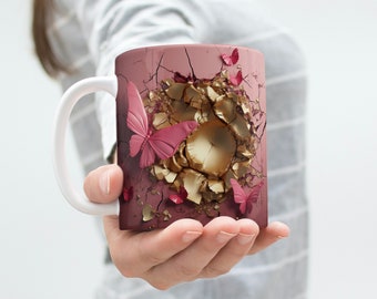 3d pink butterfly  Mug Wrap, 11oz & 15oz Mug Template, Mug Sublimation Design, Mug Wrap Template, Instant Digital Download PNG