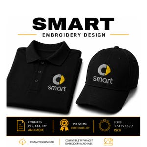 May include: A black polo shirt and a black baseball cap, both featuring an embroidered logo with a grey circle, a yellow segment, and the text smart. The image includes text stating SMART EMBROIDERY DESIGN, formats like PES, XXX, EXP, and sizes 3 to 7 inches.