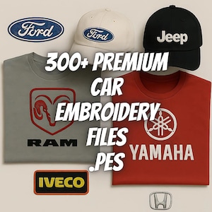 Op de afbeelding: Een verzameling van meer dan 300 premium auto-borduurbestanden in PES-formaat. De afbeelding toont een verscheidenheid aan autologo's, waaronder Ford, Jeep, Ram, Yamaha en Iveco. De logo's zijn geborduurd op T-shirts in verschillende kleuren.