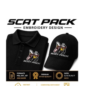 May include: A black polo shirt and a black baseball cap, both featuring an embroidered graphic of a bee character with the text SCAT PACK. The image includes text stating SCAT PACK EMBROIDERY DESIGN, along with file formats, premium stitch quality, and sizes 3, 4, 5, 6, and 7 inches.